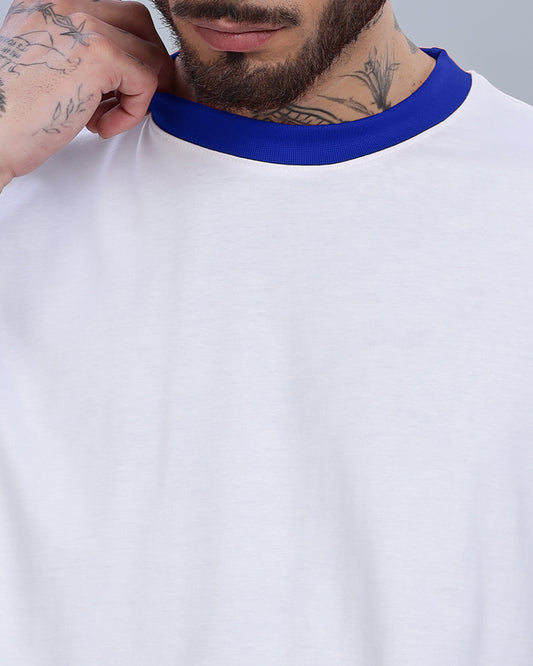 WHITE SOLID ROYAL BLUE CONTRAST OVERSIZED T-SHIRT