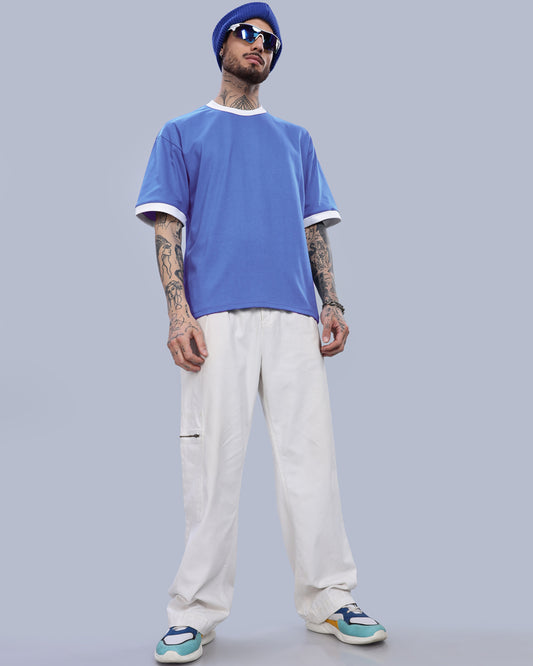 SKY BLUE SOLID CONTRAST OVERSIZED T-SHIRT