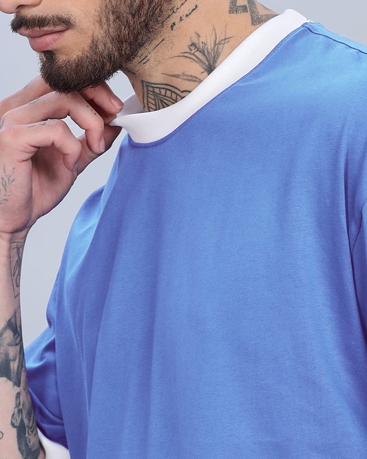 SKY BLUE SOLID CONTRAST OVERSIZED T-SHIRT