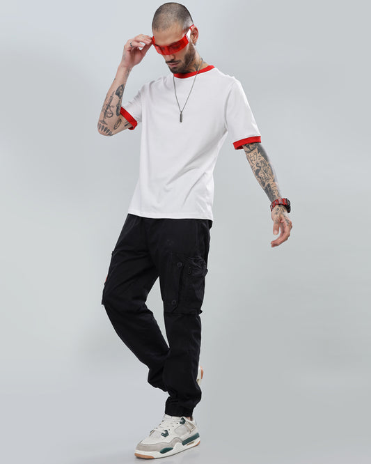 WHITE SOLID RED CONTRAST REGULAR FIT T-SHIRT