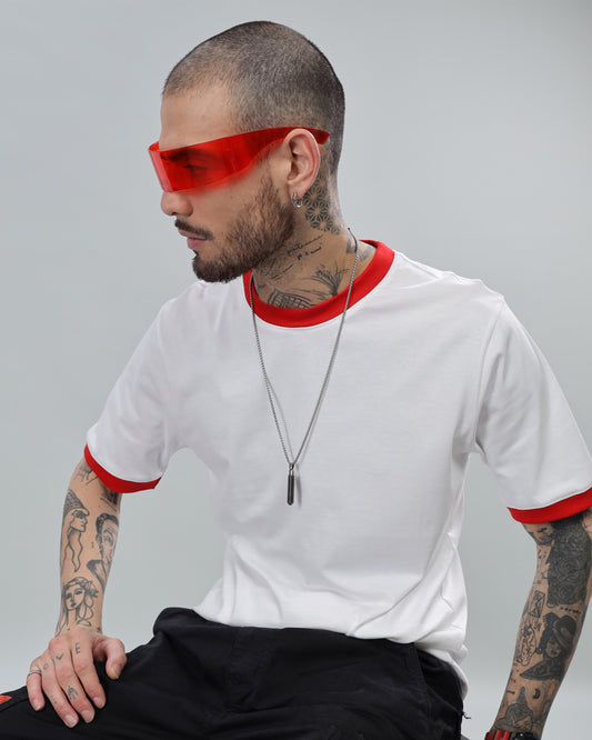 WHITE SOLID RED CONTRAST REGULAR FIT T-SHIRT