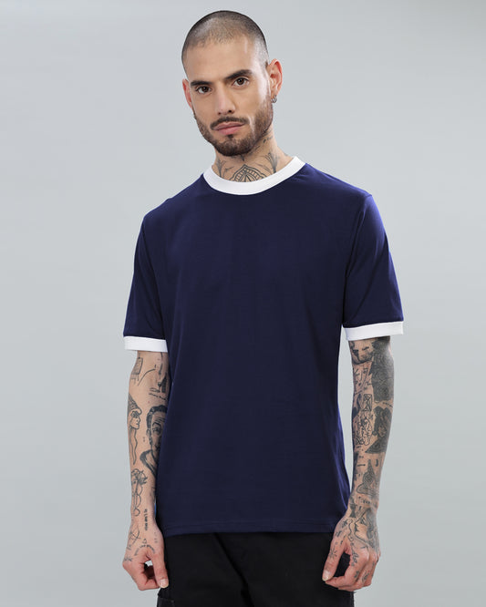 NAVY BLUE SOLID CONTRAST REGULAR FIT T-SHIRT