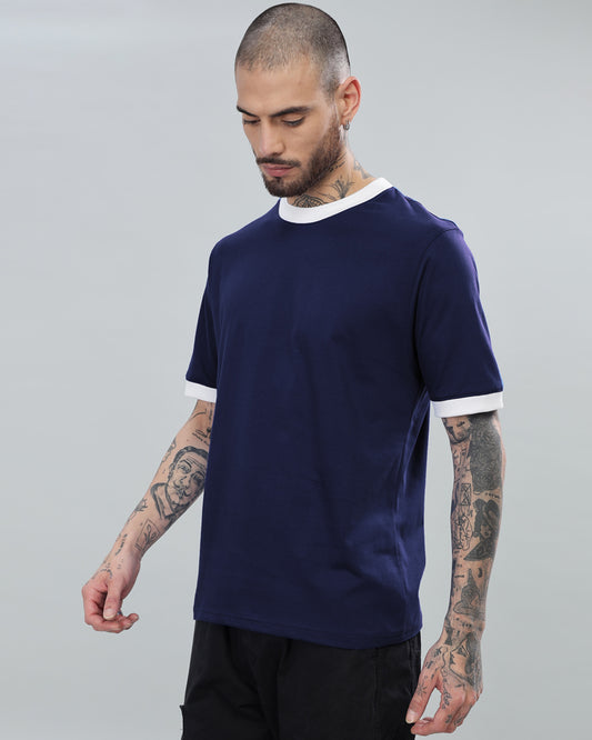 NAVY BLUE SOLID CONTRAST REGULAR FIT T-SHIRT