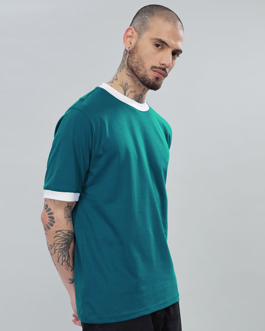 GREEN SOLID CONTRAST REGULAR FIT T-SHIRT