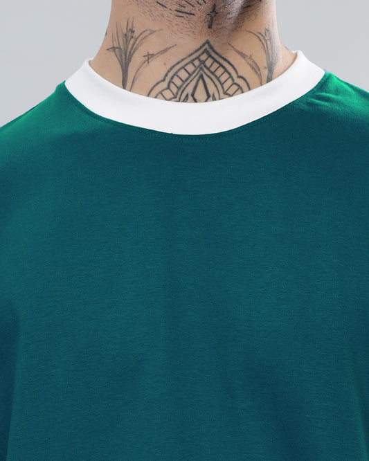 GREEN SOLID CONTRAST REGULAR FIT T-SHIRT