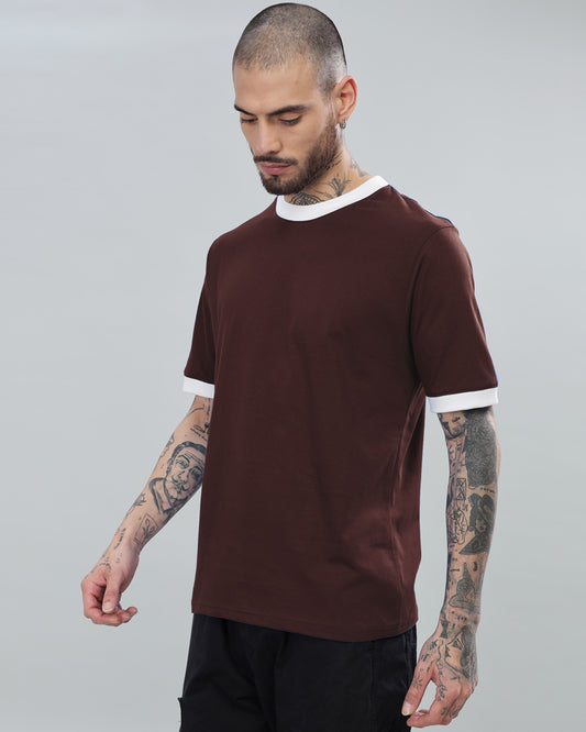 BROWN SOLID CONTRAST REGULAR FIT T-SHIRT