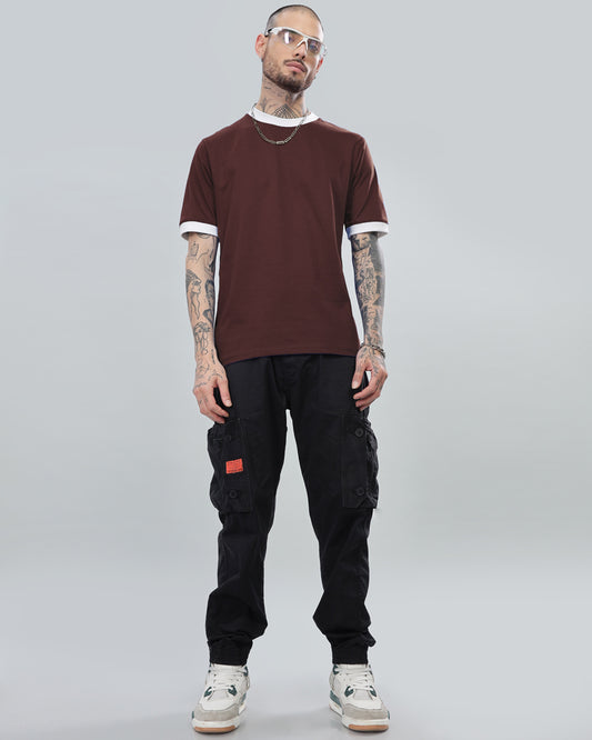 BROWN SOLID CONTRAST REGULAR FIT T-SHIRT